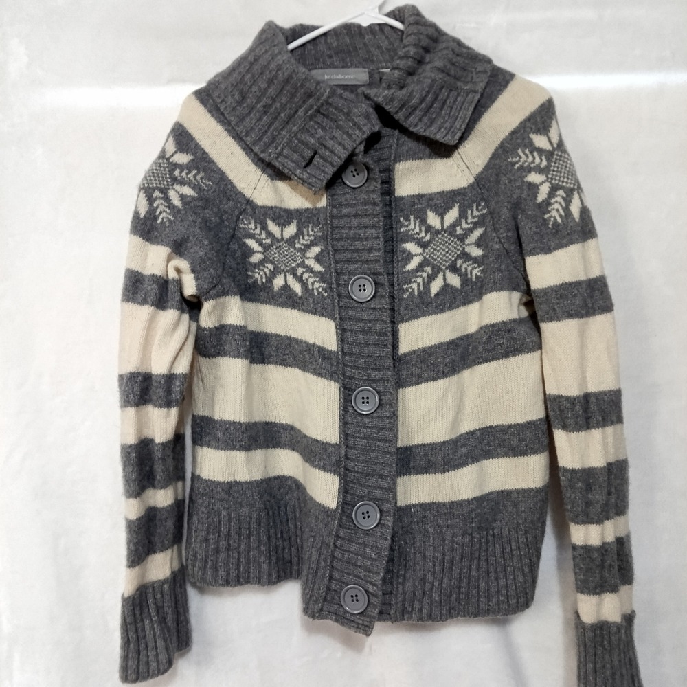 Liz Claiborne Lambswool Cardigan Sweater Grey Cream Fair Isle Snowflake Large